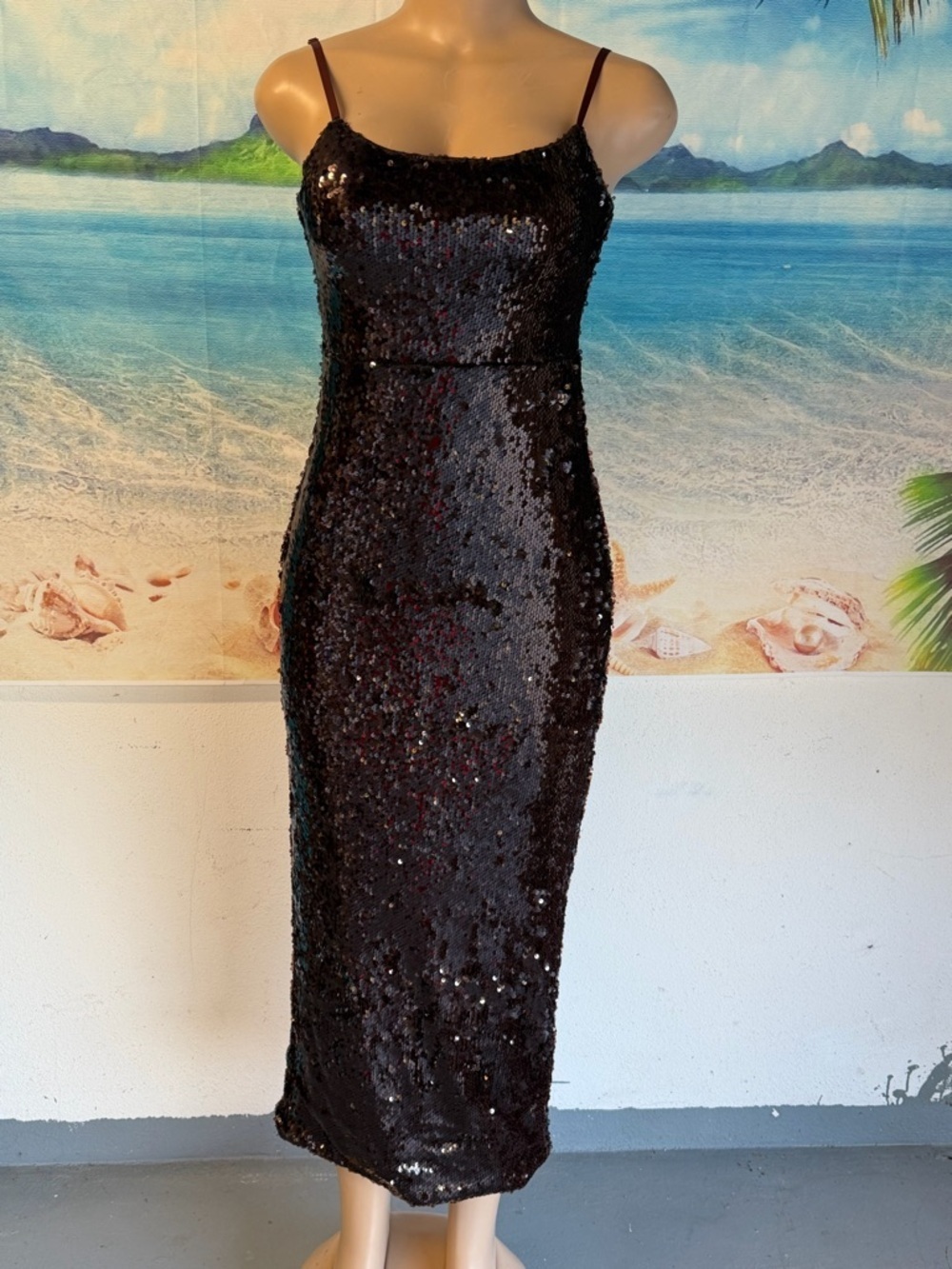 Black Sequin Spaghetti-Strap Midi Dress